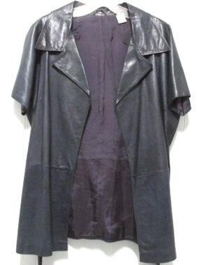 Pancaldi VTG Navy Open Front Belted Leather Jacket, Size XL